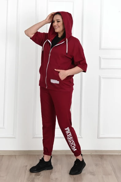 Kadın Kısa Kollu Kapüşonlu Büyük Beden Eşofman Takımı 3705-23 - 8