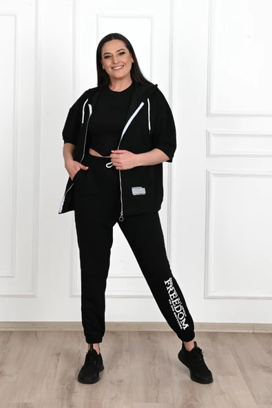 Kadın Kısa Kollu Kapüşonlu Büyük Beden Eşofman Takımı 3705-23 - 7