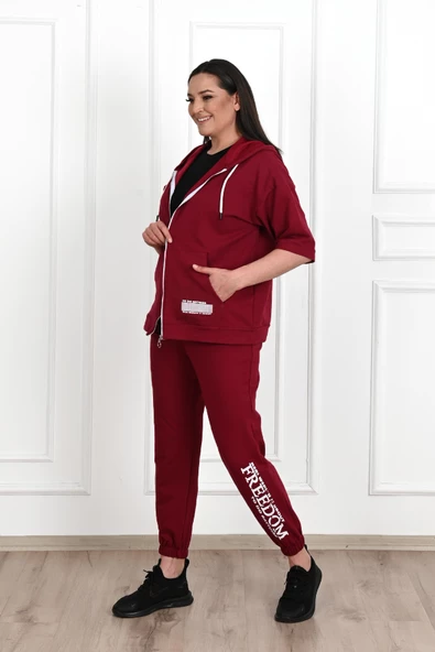 Kadın Kısa Kollu Kapüşonlu Büyük Beden Eşofman Takımı 3705-23 - 9