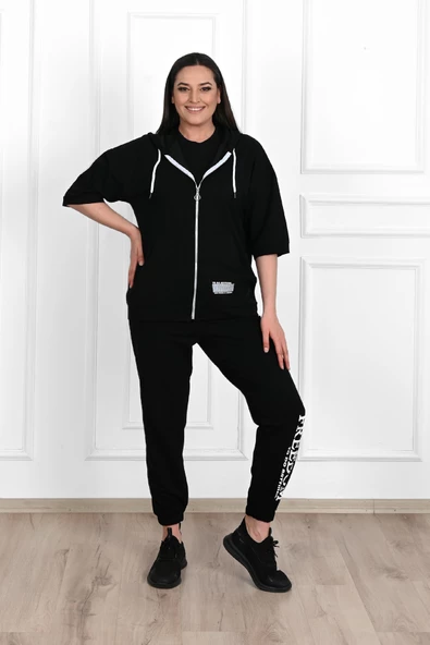 Kadın Kısa Kollu Kapüşonlu Büyük Beden Eşofman Takımı 3705-23 - 4