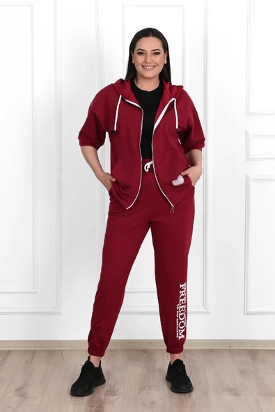 Kadın Kısa Kollu Kapüşonlu Büyük Beden Eşofman Takımı 3705-23 - 11