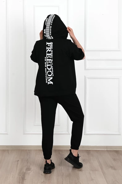 Kadın Kısa Kollu Kapüşonlu Büyük Beden Eşofman Takımı 3705-23 - 5