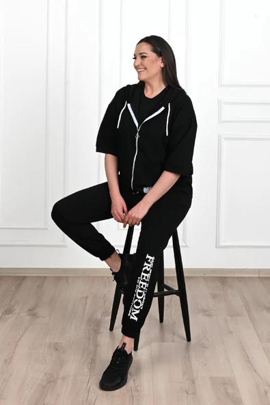 Kadın Kısa Kollu Kapüşonlu Büyük Beden Eşofman Takımı 3705-23 - 2