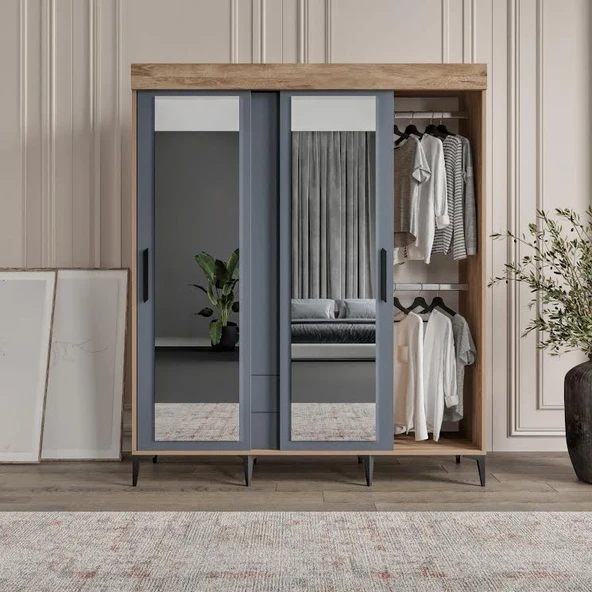 Afilli İzmir Sürgülü Aynalı Ve Kapaklı GarDolap Flora Antrasit - 5