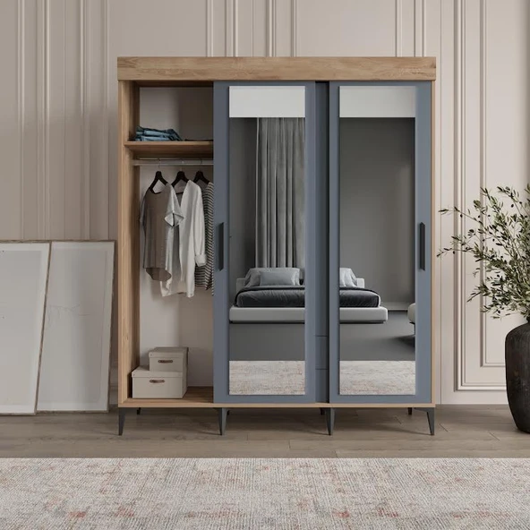 Afilli İzmir Sürgülü Aynalı Ve Kapaklı GarDolap Flora Antrasit - 4