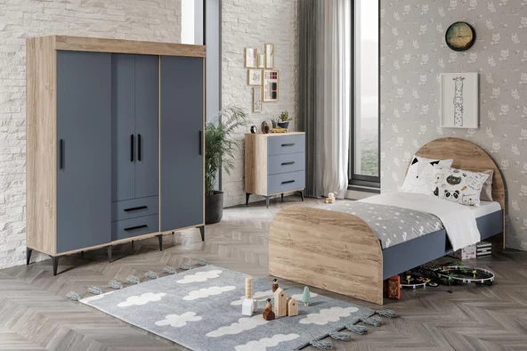 Afilli İzmir Çocuk Odası Takımı Tamamı Mdf Antrasit Ve Flora