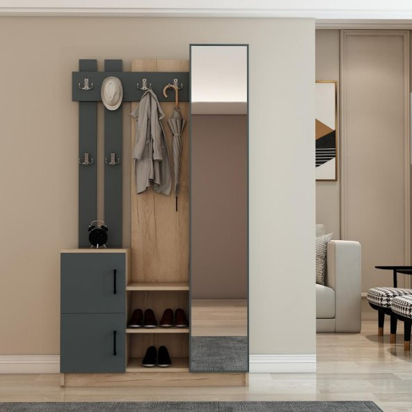 Afilli Nova Kapaklı Aynalı Portmanto Vestiyer Tamamı Mdflam Flora Antrasit - 2