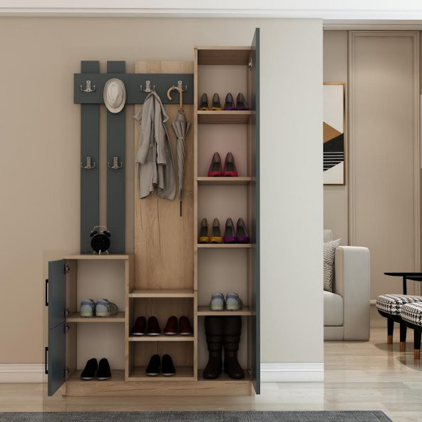 Afilli Nova Kapaklı Aynalı Portmanto Vestiyer Tamamı Mdflam Flora Antrasit - 3