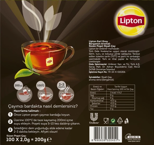 Lipton Earl Grey Bardak Poşet Cay 100lü X 2 Adet - 2