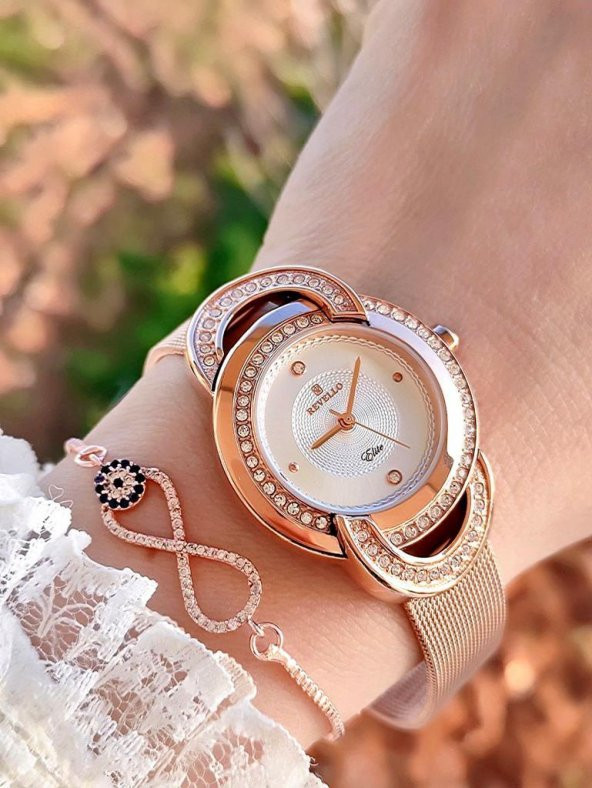 R.VR1020 Bayan Rose Gold Özel Vintage Retro Model Swarovski Taşlı Çelik Bayan Kol Saati+Bileklik