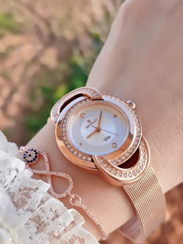 R.VR1020 Bayan Rose Gold Özel Vintage Retro Model Swarovski Taşlı Çelik Bayan Kol Saati+Bileklik - 2