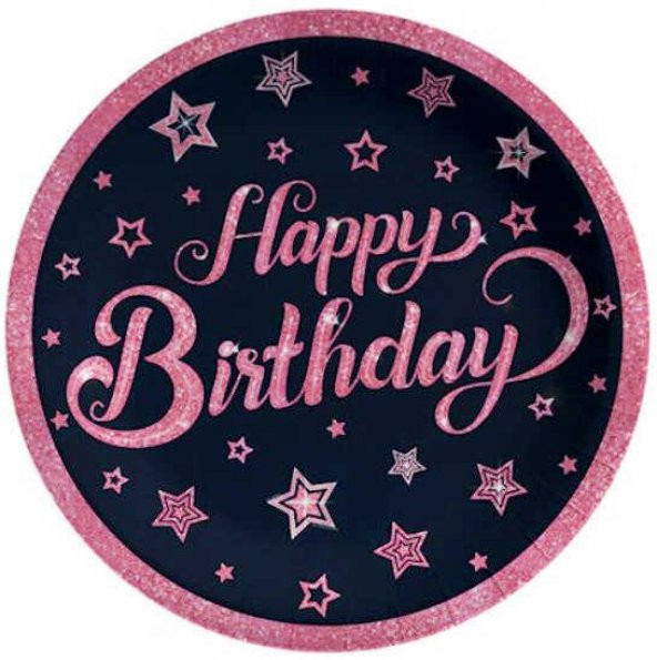 TABAK PINK STARS HAPPY BIRTHDAY 23CM 8 ADET ürün görseli