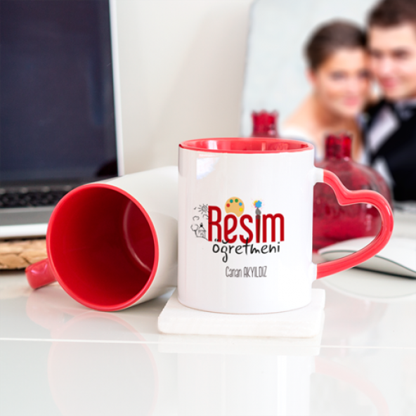 Kişiye Özel Resim Öğretmeni Kalpli Kupa Bardak - Kırmızı - Resim 2