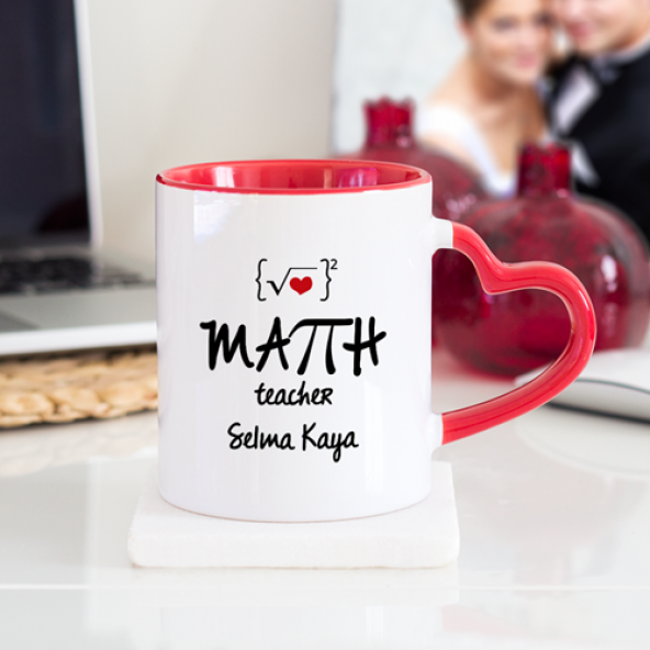 Kişiye Özel Matematik Öğretmeni Kalpli Kupa Bardak - Kırmızı