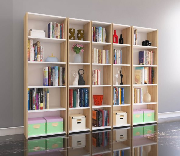 Nur Mobilya 5li Arkalıklı Kitaplık Meşe Beyaz - 2