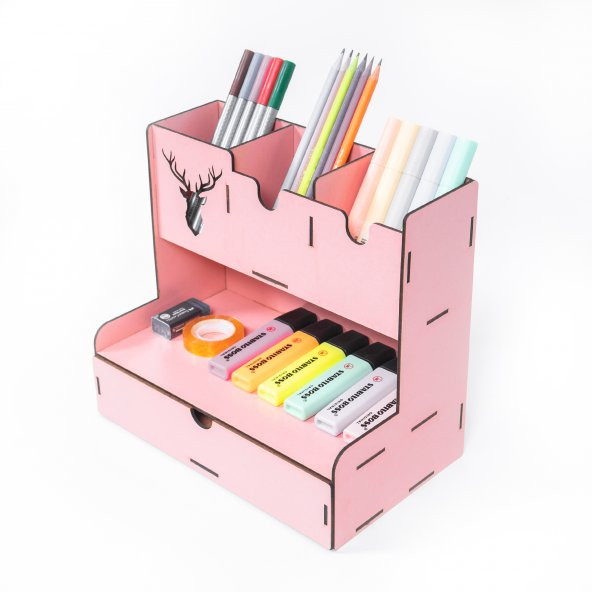 Çekmeceli Geyik Desenli Pembe Masaüstü Kalemlik Organizer