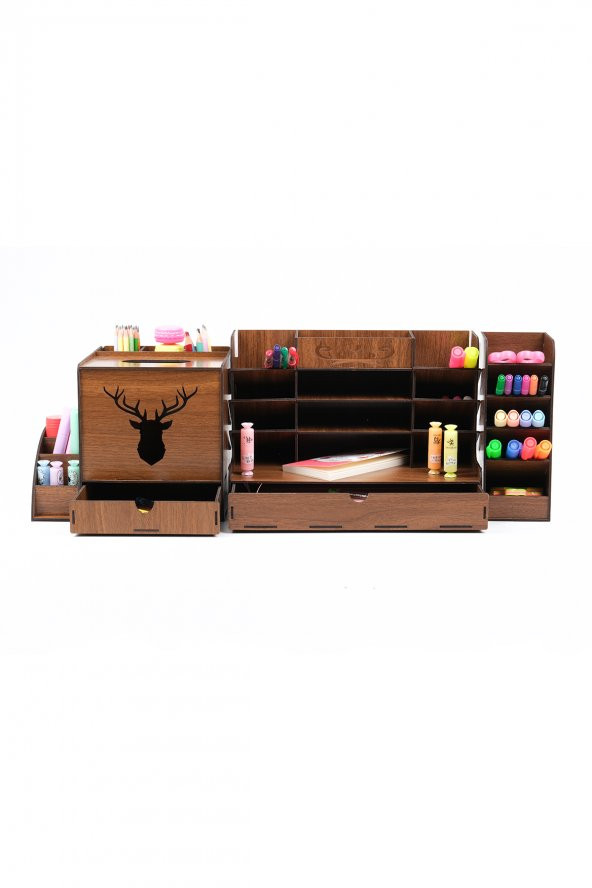 Ahşap Masaüstü Yapraklı Geyikli Organizer Kalemlik Set 4 Parça (Montajı Yapılmış Şekilde Gönderim)