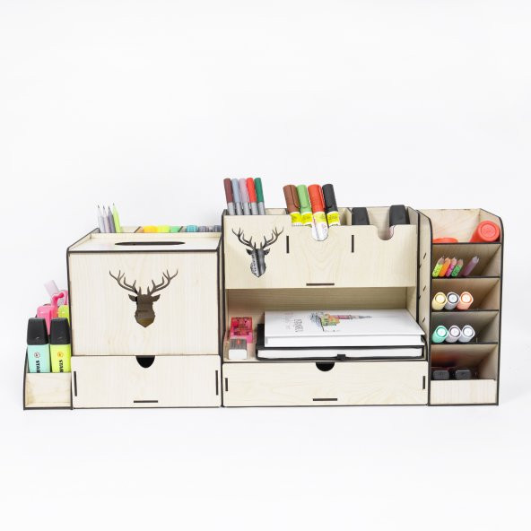Ahşap Masaüstü Geyikli Organizer Kalemlik Set 4 Parça (Montajı Yapılmış Şekilde Gönderim)