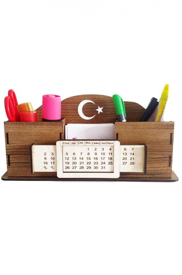 Takvimli Masaüstü Kalemlik Kalem Kutusu Organizer Ahşap Akasya MONTAJI YAPILMIŞ ÜRÜN