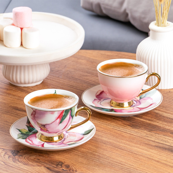 Porsima 101758 Magnolia Gold Yaldızlı Desenli Fincan Takımı Porselen Türk Kahvesi 6 Kişilik 12 Parça