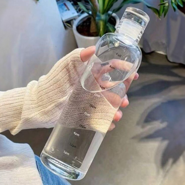 Porsima 2407 Borosilikat Cam Su Şişesi - Su İçme Saatli Dereceli Matara Suluk - Şeffaf 750 mL - 3