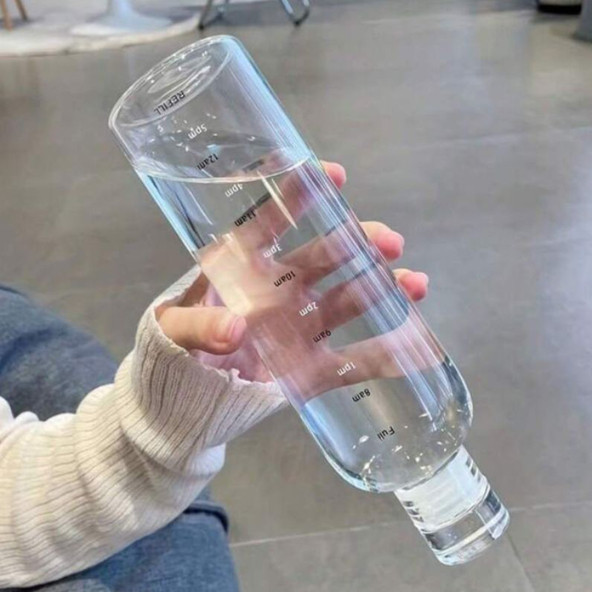 Porsima 2407 Borosilikat Cam Su Şişesi - Su İçme Saatli Dereceli Matara Suluk - Şeffaf 750 mL - 4