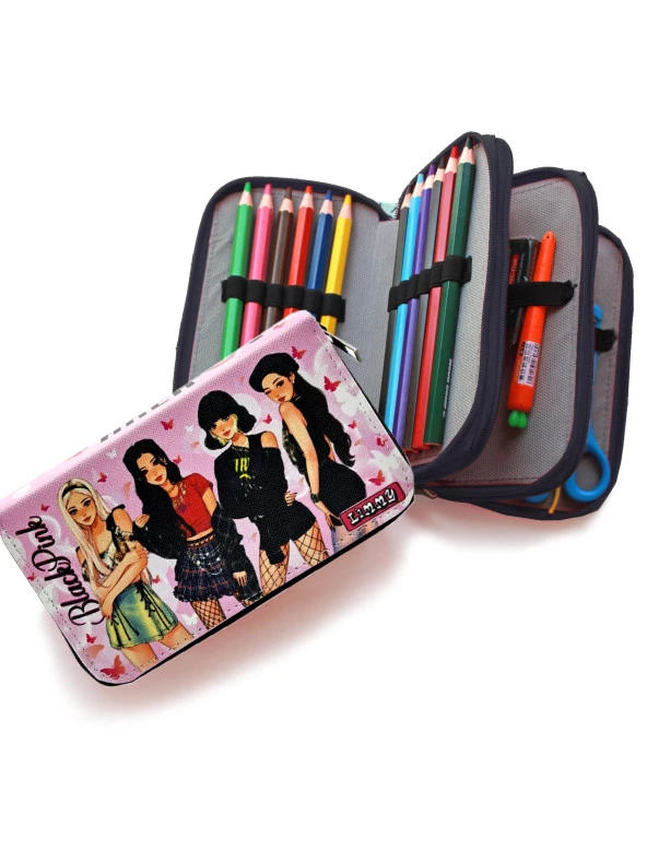 Kalem Kutusu Black Pink Organizer Kalemkutu Vegan Deri Üç Bölmeli Kalemlik-Siyah - Resim 3