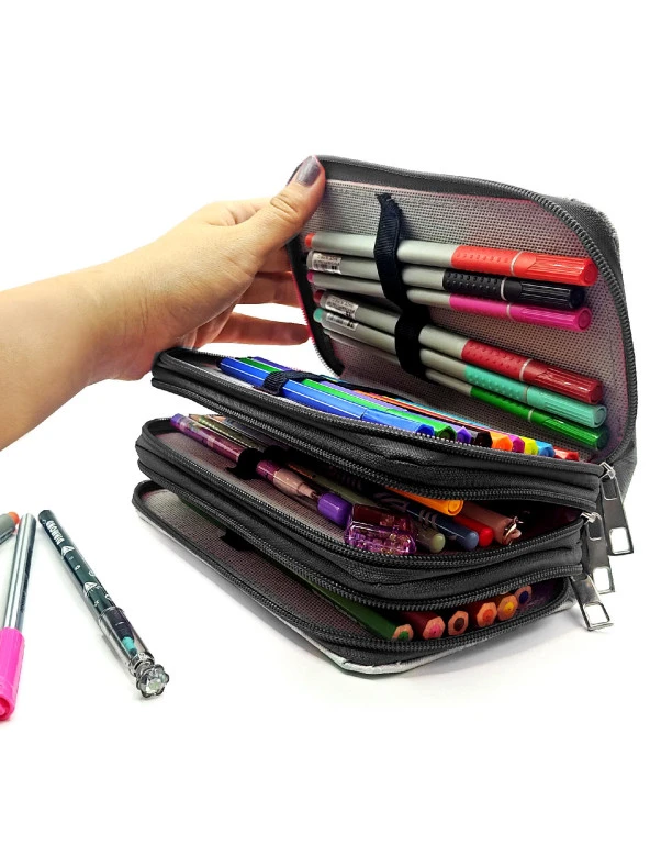 Kalem Kutusu Black Pink Organizer Kalemkutu Vegan Deri Üç Bölmeli Kalemlik-Siyah - Resim 4