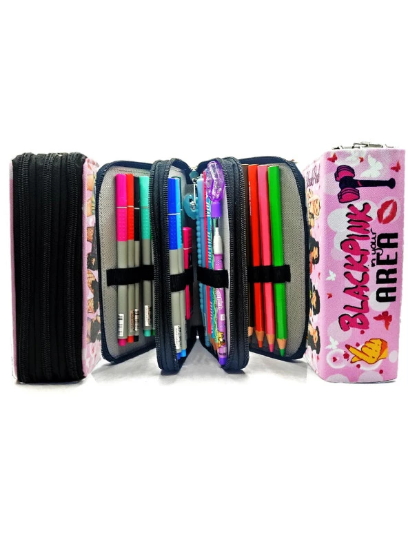 Kalem Kutusu Black Pink Organizer Kalemkutu Vegan Deri Üç Bölmeli Kalemlik-Siyah - Resim 5