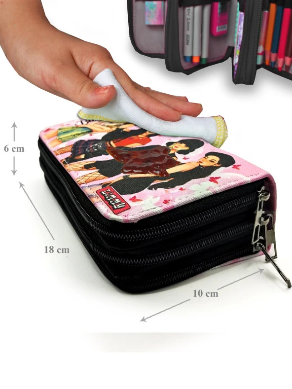 Kalem Kutusu Black Pink Organizer Kalemkutu Vegan Deri Üç Bölmeli Kalemlik-Siyah - Resim 6