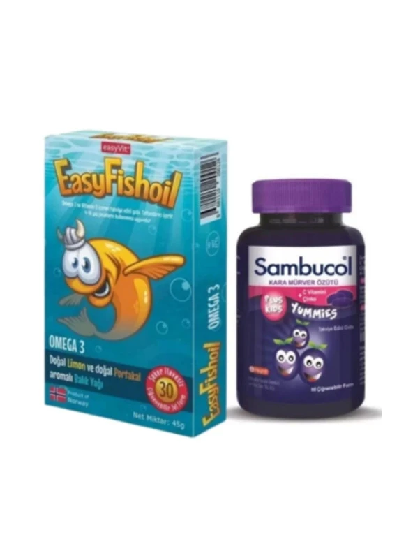 Easyvit Sambucol Plus Kids Yummies 60 Adet + Easyfishoil Omega 3 30 Tablet (Zeka ve Bağışıklık Destek Paketi)