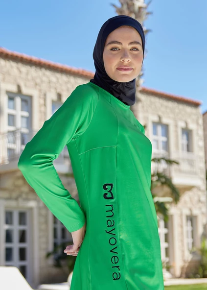 Logo Nakışlı Yeşil Tesettür Mayo Üstü - 2
