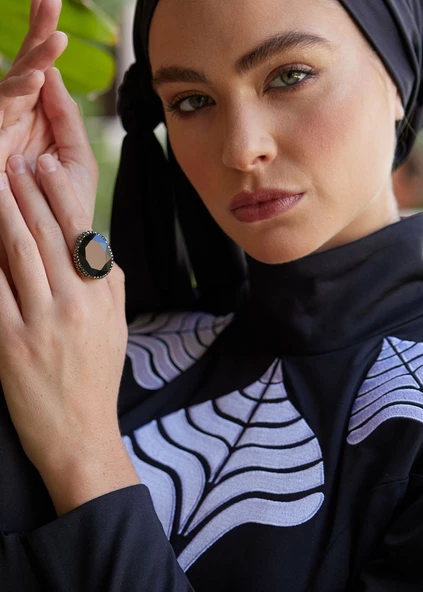 Feminen Nakışlı Tasarım Tesettür Mayo - Siyah - 2