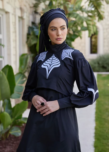 Feminen Nakışlı Tasarım Tesettür Mayo - Siyah - 3