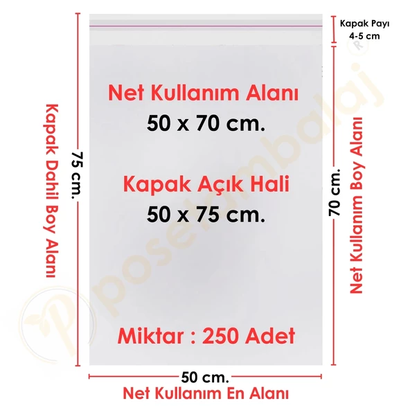 50x70+5 (50x75) cm. 250 Adet - Şeffaf Bantlı Yapışkanlı Jelatin Poşet