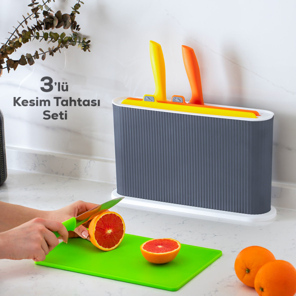 1076 3 Bıçaklı Antrasit-Beyaz Standlı Çoklu Kesme Tahtası Seti - Plastik Kırmızı Et Balık Sebze Beyaz Et