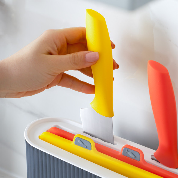 1076 3 Bıçaklı Antrasit-Beyaz Standlı Çoklu Kesme Tahtası Seti - Plastik Kırmızı Et Balık Sebze Beyaz Et - 4