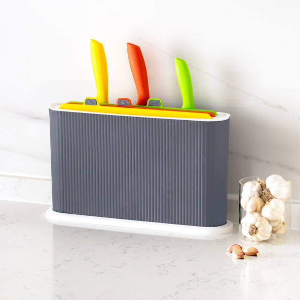 1076 3 Bıçaklı Antrasit-Beyaz Standlı Çoklu Kesme Tahtası Seti - Plastik Kırmızı Et Balık Sebze Beyaz Et - 6