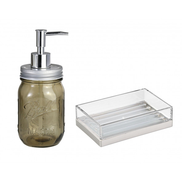 ZBOSP-C387 KAHVERENGİ CAM SIVI SABUNLUK VE AKRİLİK SABUNLUK 2 Lİ BANYO SETİ - 2