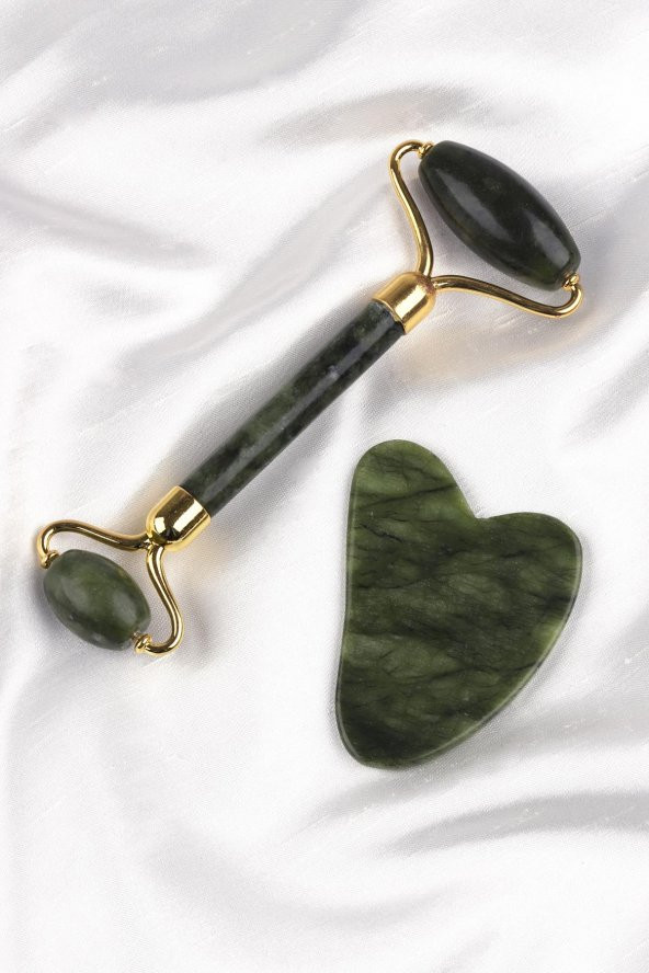 Yeşim Doğal Taş 2li Özel Kutulu Set Face Roller + Gua Sha Masaj Taşı
