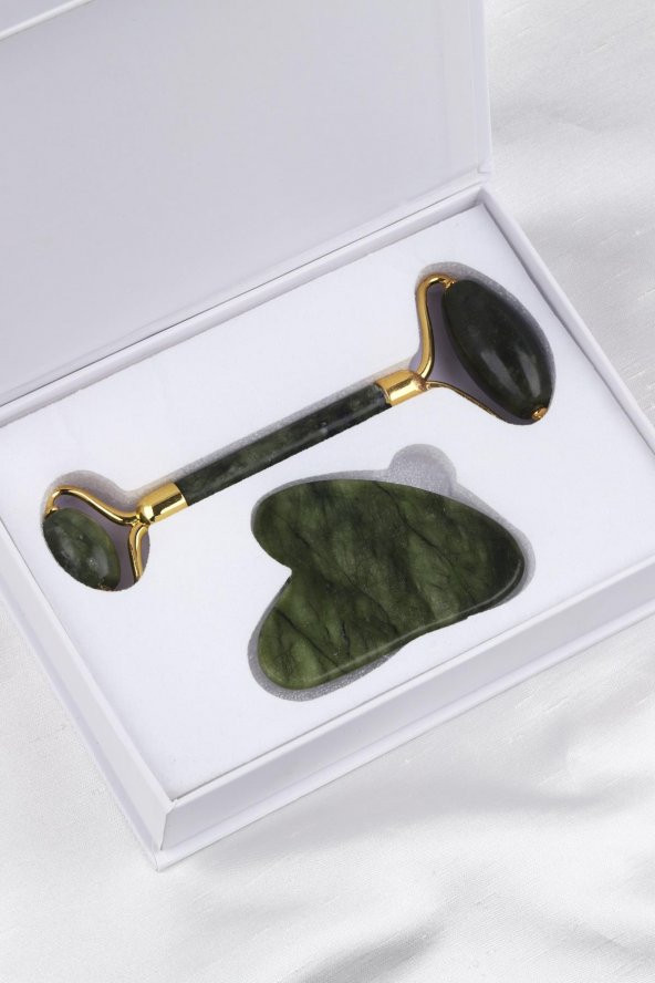 Yeşim Doğal Taş 2li Özel Kutulu Set Face Roller + Gua Sha Masaj Taşı - 2