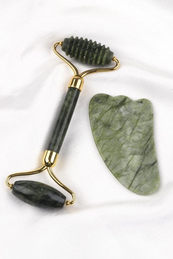 Yeşim Doğal Taş 2li Özel Kutulu Set Face Roller + Gua Sha Masaj Taşı