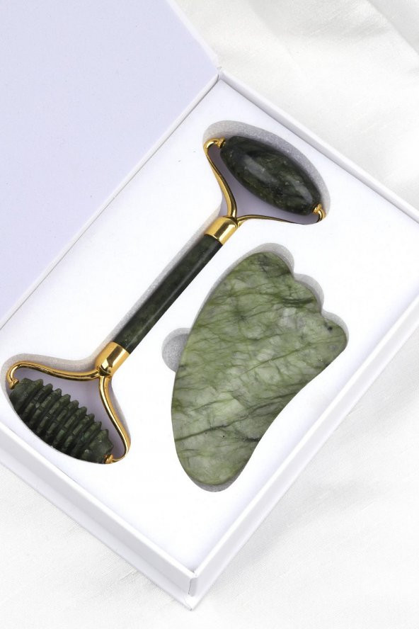 Yeşim Doğal Taş 2li Özel Kutulu Set Face Roller + Gua Sha Masaj Taşı - 2