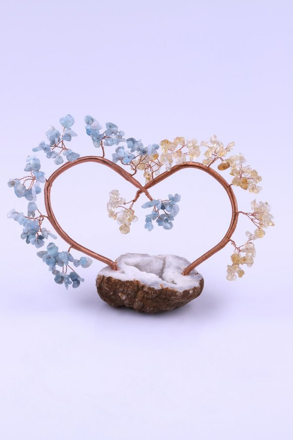 Akuamarin - Sitrin Doğal Taş Kalp Model Ağaç
