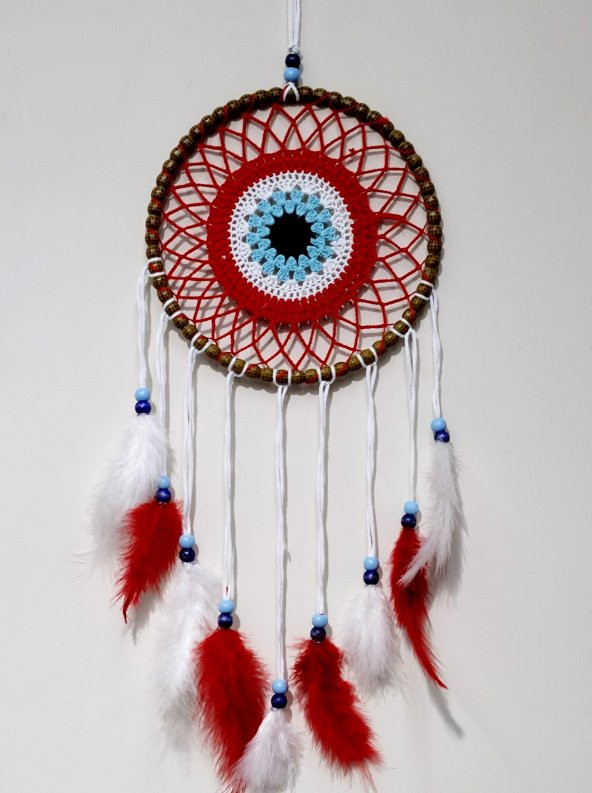 Nazar Boncuğu Motifli Düş Kapanı El Yapımı Kırmızı Duvar Süsü - Resim 2