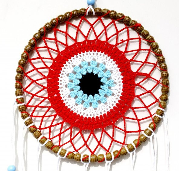 Nazar Boncuğu Motifli Düş Kapanı El Yapımı Kırmızı Duvar Süsü - Resim 3