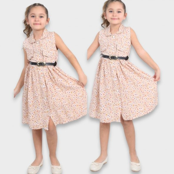 Yeni Model Çiçek Desenli Krem Renk Elbise - 2