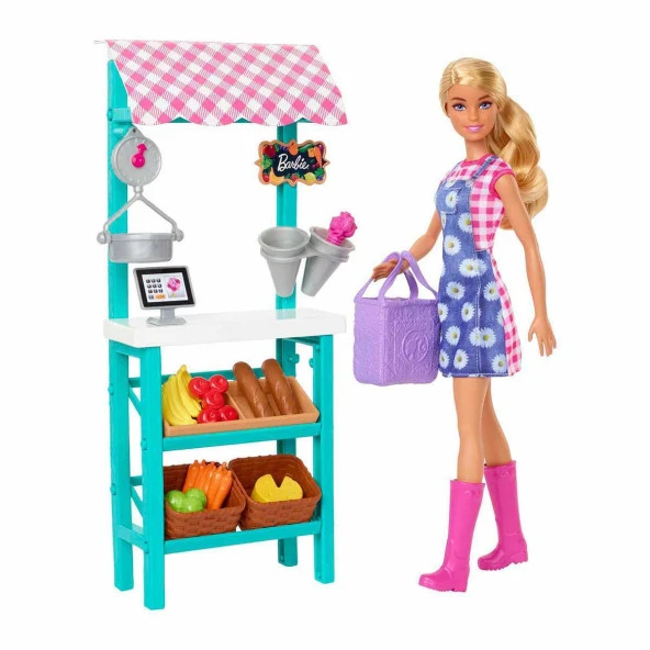 Barbie Çiftçi Pazarı Oyun Seti Barbie Bebek Pazar Tezgahı Kasa Sebzeler Ekmek Peynir Ve Çiçekleriyle