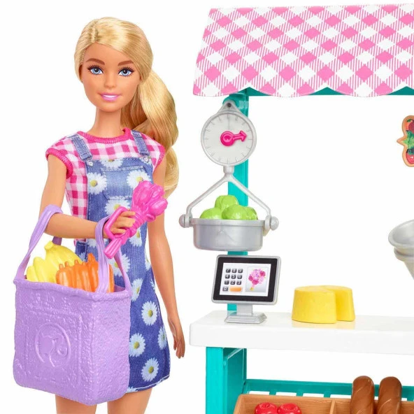 Barbie Çiftçi Pazarı Oyun Seti Barbie Bebek Pazar Tezgahı Kasa Sebzeler Ekmek Peynir Ve Çiçekleriyle - 2