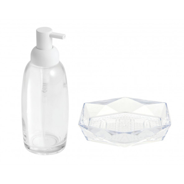 ZBOSP-C404 BAYAZ POMPALI CAM SIVI SABUNLUK VE SABUNLUK 2 Lİ BANYO SETİ - Resim 2